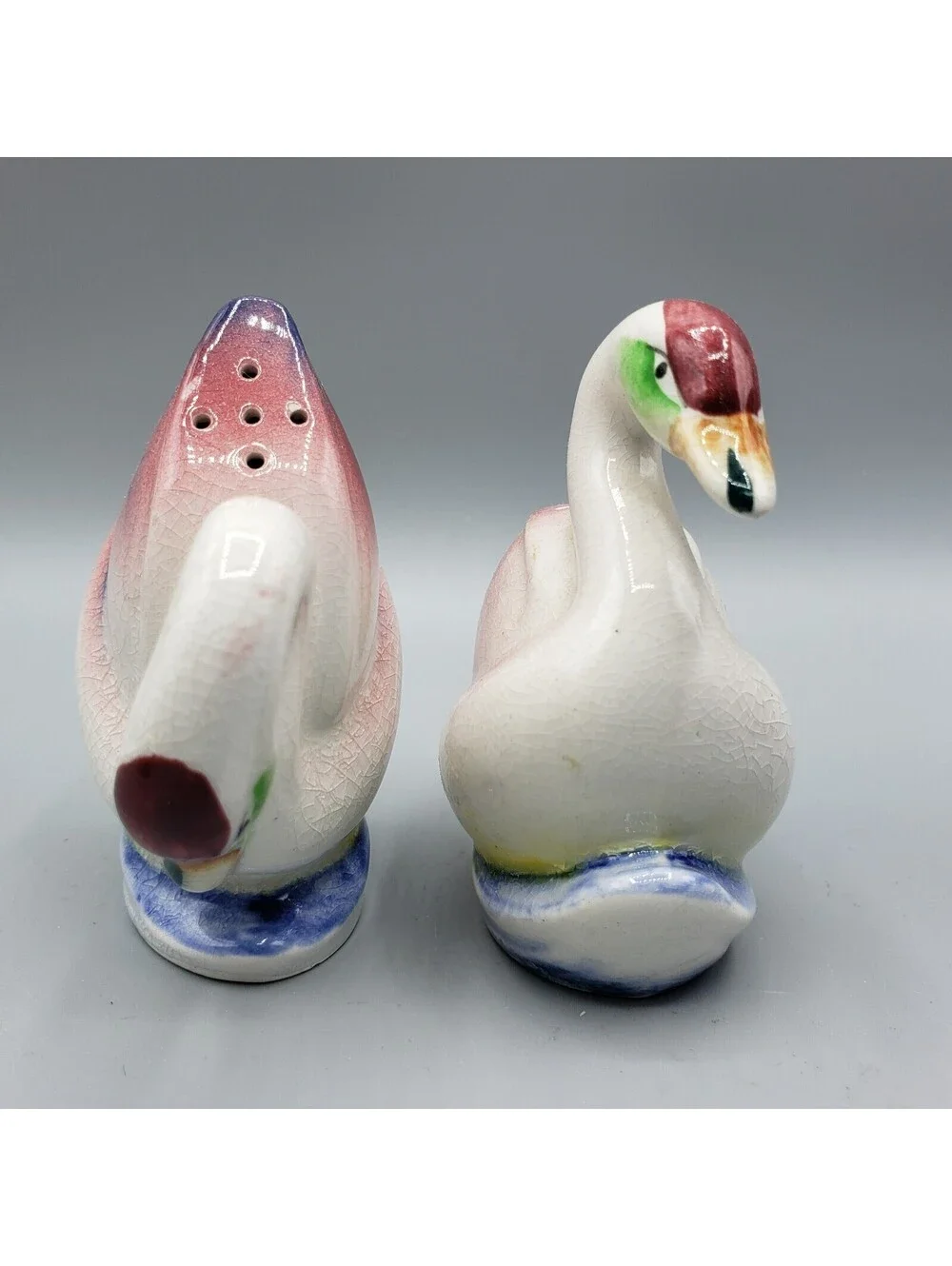 Vintage Japan Swan Salt and Pepper Shakers Ceramic Pink Blue White Birds
